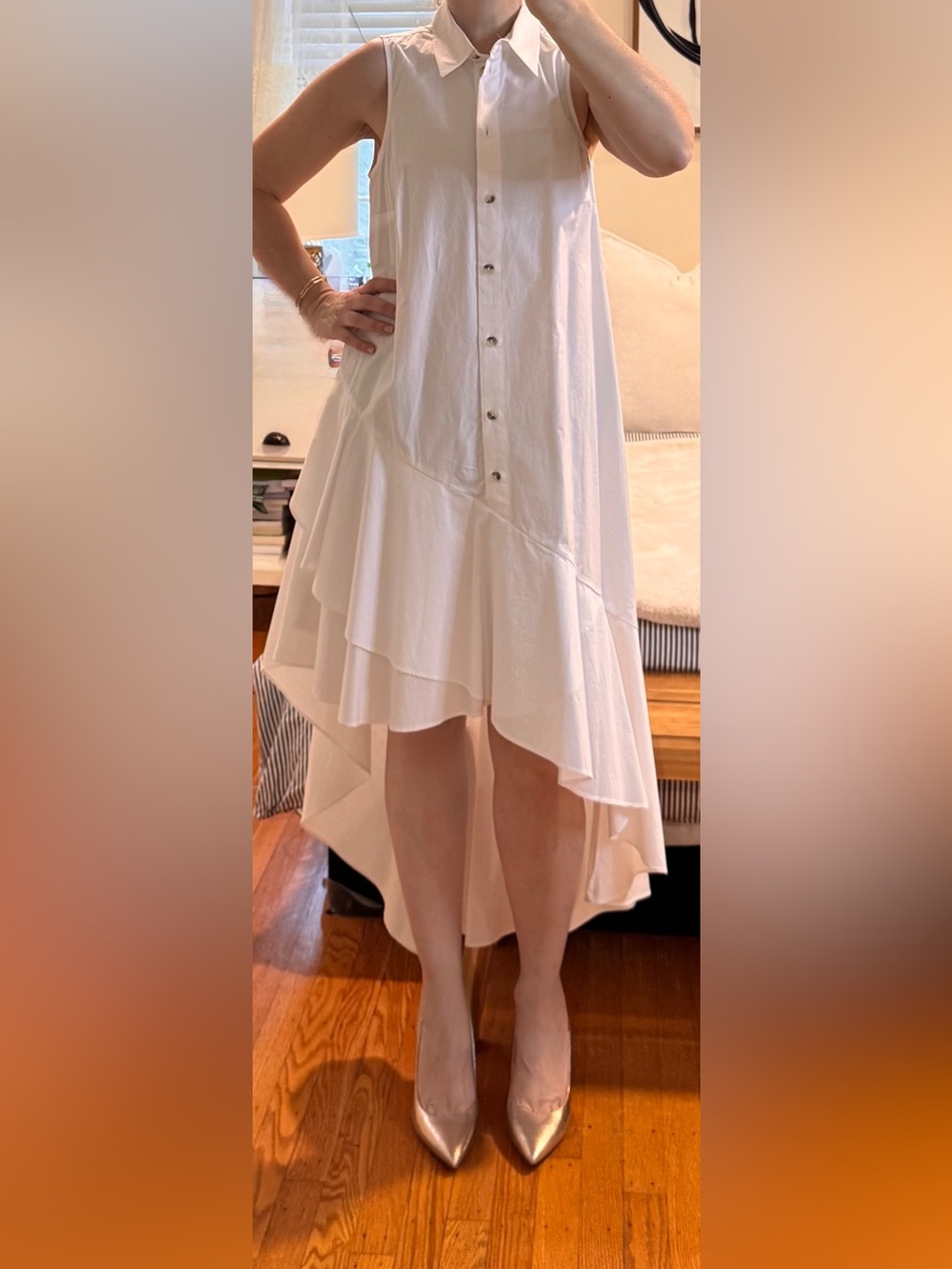 Anthropologie White High-Low Ruffle Shirt Dress Size Xs